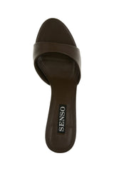 Wren III Heels by Senso – espresso kid leather slip-on heels with a rounded toe and 80mm heel, perfect for polished day-to-night outfits.