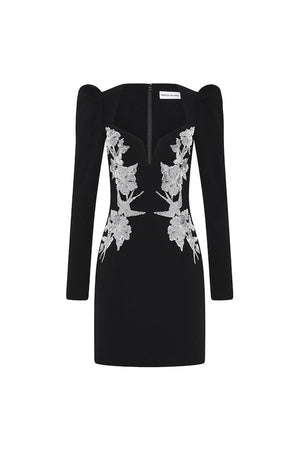Monroe Long Sleeve Mini Dress Black by Rebecca Vallance – A striking crepe mini with silver sequin appliqué, V-wire neckline, and padded shoulders, perfect for cocktail parties, formal dinners, or glamorous date nights.