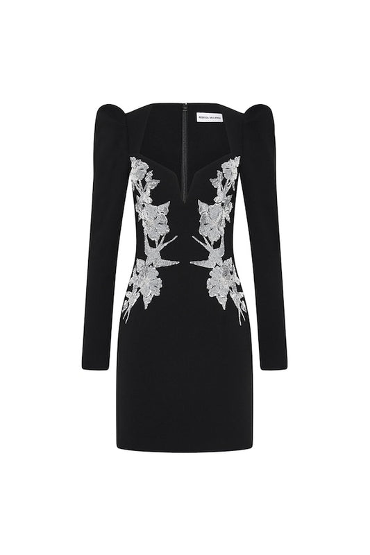 Monroe Long Sleeve Mini Dress Black by Rebecca Vallance – A striking crepe mini with silver sequin appliqué, V-wire neckline, and padded shoulders, perfect for cocktail parties, formal dinners, or glamorous date nights.
