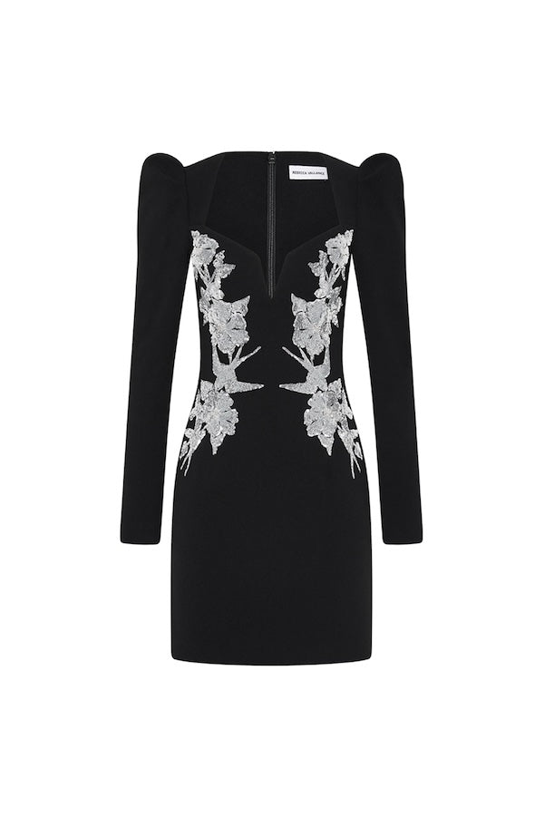 Monroe Long Sleeve Mini Dress Black by Rebecca Vallance – A striking crepe mini with silver sequin appliqué, V-wire neckline, and padded shoulders, perfect for cocktail parties, formal dinners, or glamorous date nights.
