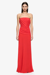 Xanthi Strapless Maxi Dress Flame by Bec + Bridge – strapless draped maxi dress with gathered bodice and drop waist silhouette.