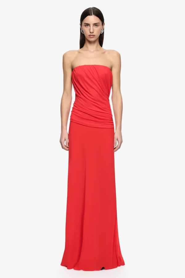 Xanthi Strapless Maxi Dress Flame by Bec + Bridge – strapless draped maxi dress with gathered bodice and drop waist silhouette.