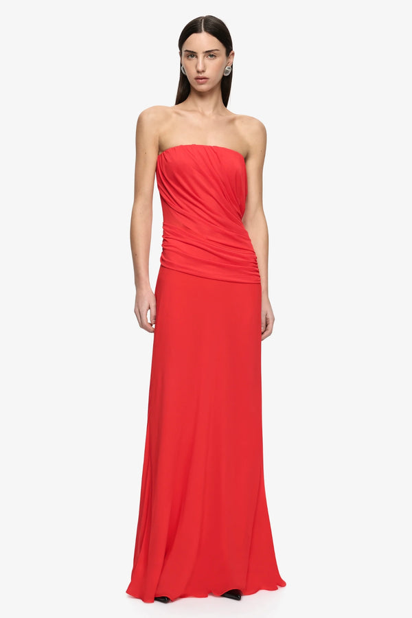 Xanthi Strapless Maxi Dress Flame by Bec + Bridge – strapless draped maxi dress with gathered bodice and drop waist silhouette.