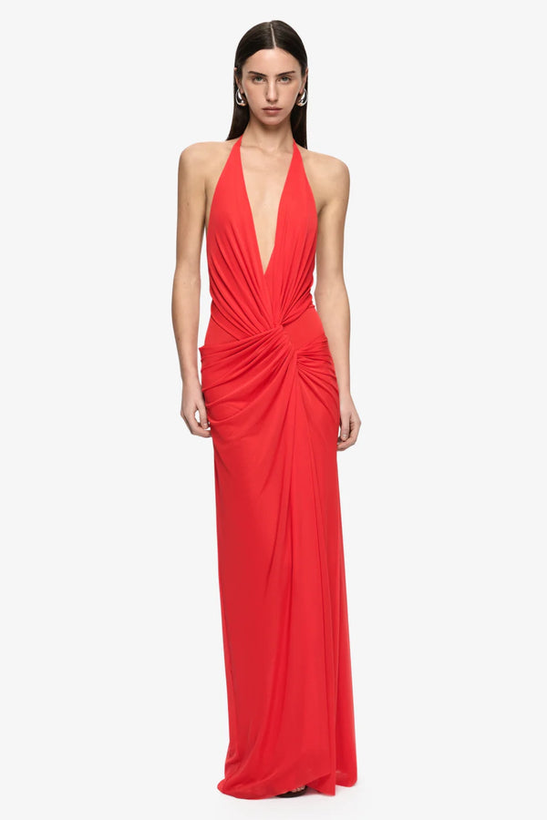 Xanthi V Neck Maxi Dress Flame by Bec + Bridge – backless draped maxi dress with plunging V neckline and halter design.