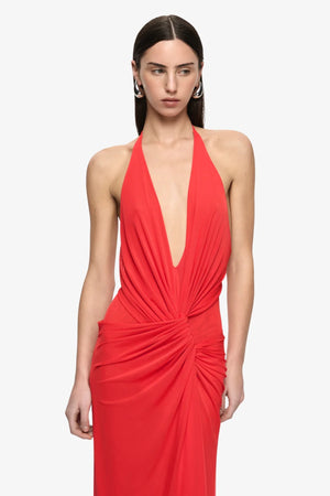 Xanthi V Neck Maxi Dress Flame by Bec + Bridge – backless draped maxi dress with plunging V neckline and halter design.