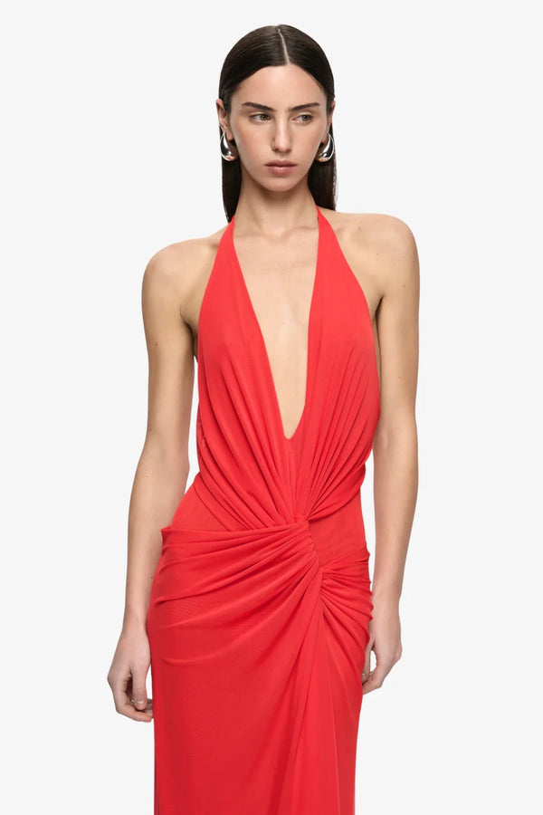 Xanthi V Neck Maxi Dress Flame by Bec + Bridge – backless draped maxi dress with plunging V neckline and halter design.