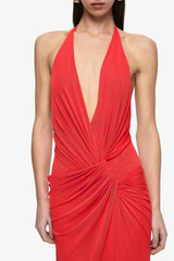 Xanthi V Neck Maxi Dress Flame by Bec + Bridge – backless draped maxi dress with plunging V neckline and halter design.