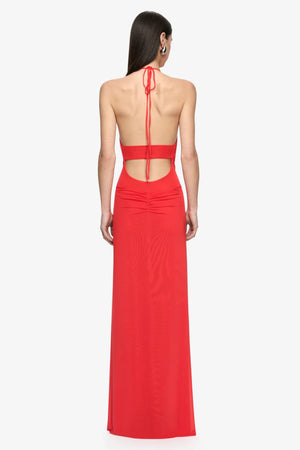 Xanthi V Neck Maxi Dress Flame by Bec + Bridge – backless draped maxi dress with plunging V neckline and halter design.