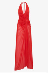 Xanthi V Neck Maxi Dress Flame by Bec + Bridge – backless draped maxi dress with plunging V neckline and halter design.