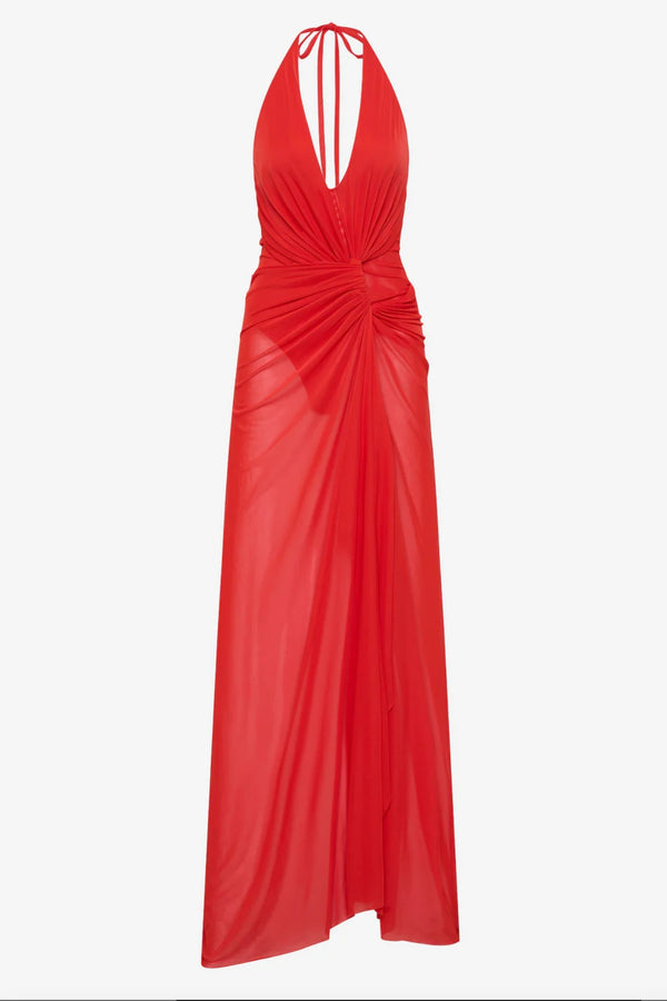 Xanthi V Neck Maxi Dress Flame by Bec + Bridge – backless draped maxi dress with plunging V neckline and halter design.