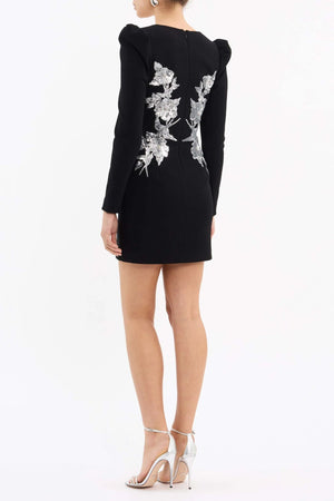Monroe Long Sleeve Mini Dress Black by Rebecca Vallance – A striking crepe mini with silver sequin appliqué, V-wire neckline, and padded shoulders, perfect for cocktail parties, formal dinners, or glamorous date nights.