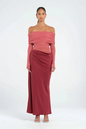 Yasmin Off Shoulder Dress Redwood by Benni - Trendy off-shoulder maxi with fluid drape, stretchy mesh bodice, and elegant cowl waist, perfect for special occasions.