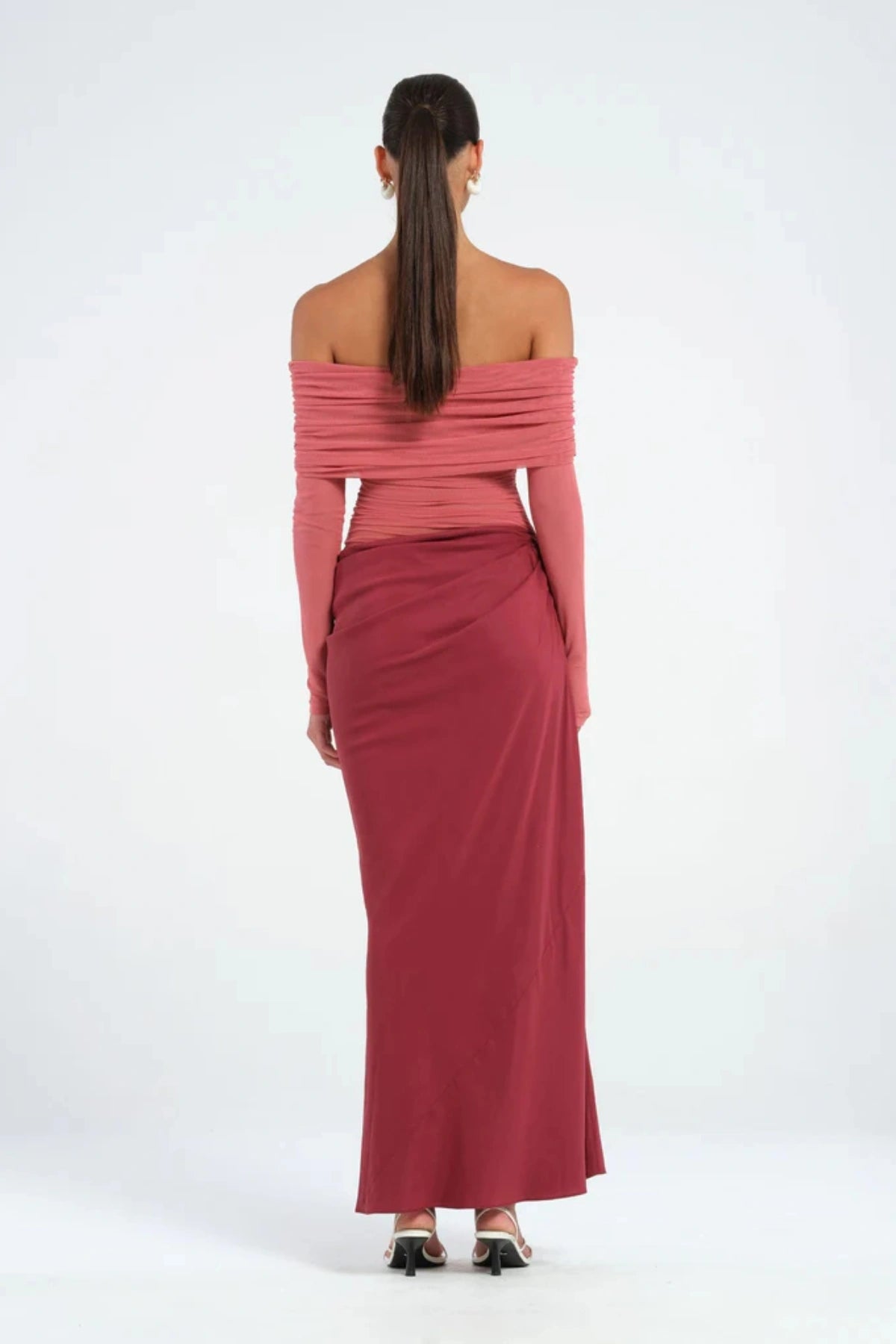 Yasmin Off Shoulder Dress Redwood by Benni - Trendy off-shoulder maxi with fluid drape, stretchy mesh bodice, and elegant cowl waist, perfect for special occasions.