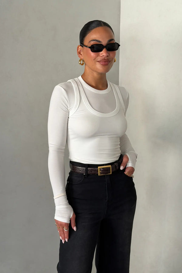 Yianni Layered Long Sleeve White by Sneaky Link – a sculpting layered top with stretch fit. Perfect for sleek everyday styling.