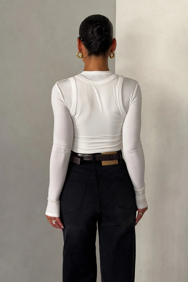 Yianni Layered Long Sleeve White by Sneaky Link – a sculpting layered top with stretch fit. Perfect for sleek everyday styling.