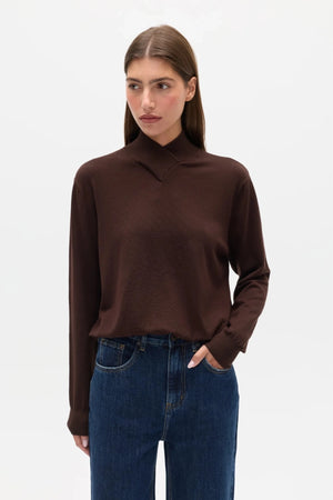 Yvette Knit Jumper Chocolate Brown by Bayse – relaxed fine knit jumper with crossover high neckline and dropped shoulders.