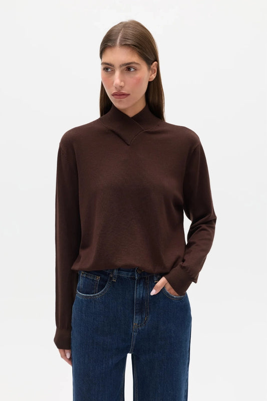 Yvette Knit Jumper Chocolate Brown by Bayse – relaxed fine knit jumper with crossover high neckline and dropped shoulders.