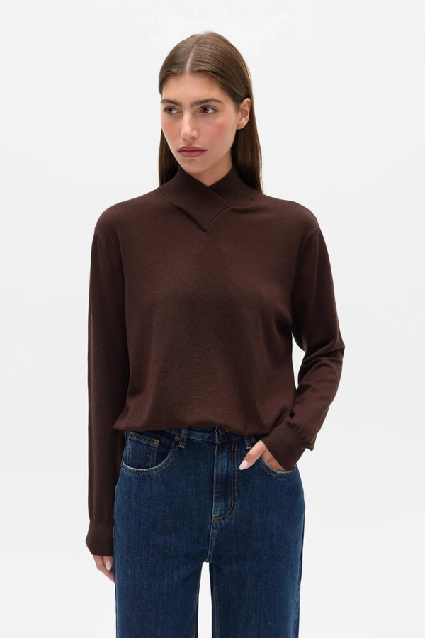 Yvette Knit Jumper Chocolate Brown by Bayse – relaxed fine knit jumper with crossover high neckline and dropped shoulders.