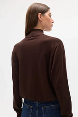 Yvette Knit Jumper Chocolate Brown by Bayse – relaxed fine knit jumper with crossover high neckline and dropped shoulders.