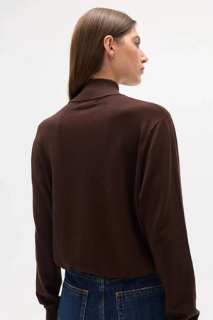 Yvette Knit Jumper Chocolate Brown by Bayse – relaxed fine knit jumper with crossover high neckline and dropped shoulders.