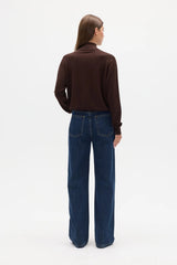 Yvette Knit Jumper Chocolate Brown by Bayse – relaxed fine knit jumper with crossover high neckline and dropped shoulders.