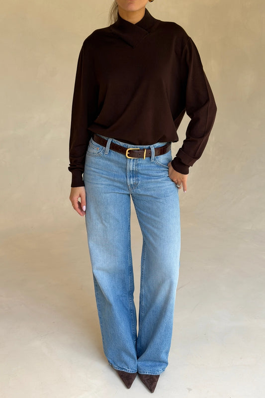 Yvette Knit Jumper Chocolate Brown by Bayse – relaxed fine knit jumper with crossover high neckline and dropped shoulders.