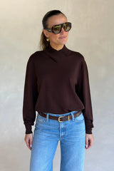 Yvette Knit Jumper Chocolate Brown by Bayse – relaxed fine knit jumper with crossover high neckline and dropped shoulders.