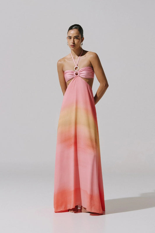 Yvon Maxi Dress by Baobab, a strapless halter gown with ring detail, open back, and side boning. Perfect for modern evening wear.