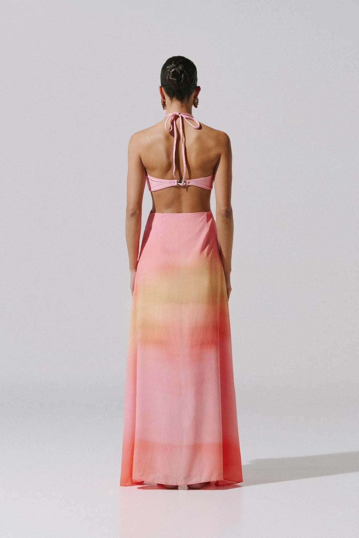 Yvon Maxi Dress by Baobab, a strapless halter gown with ring detail, open back, and side boning. Perfect for modern evening wear.