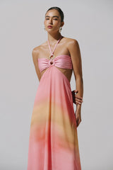 Yvon Maxi Dress by Baobab, a strapless halter gown with ring detail, open back, and side boning. Perfect for modern evening wear.