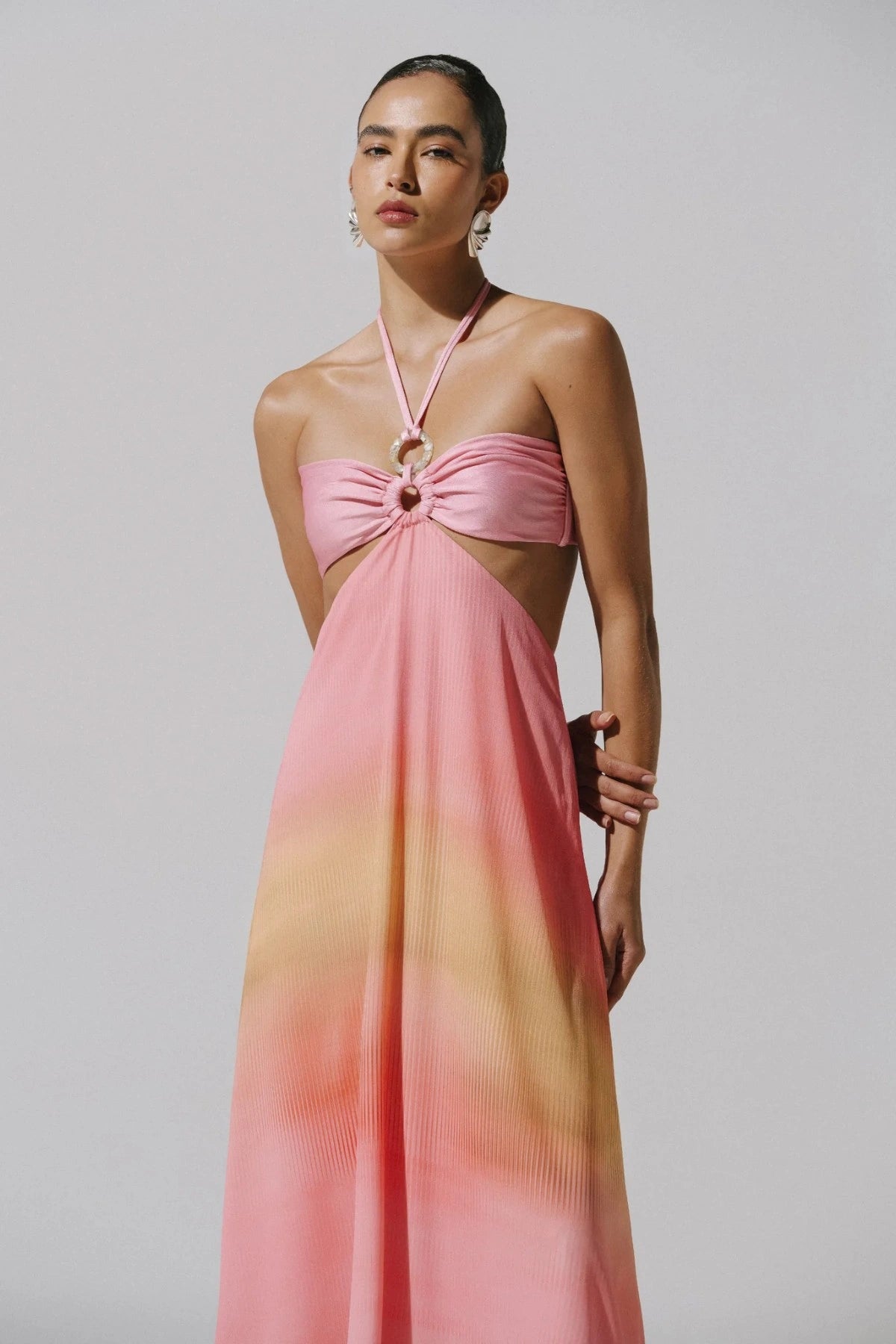 Yvon Maxi Dress by Baobab, a strapless halter gown with ring detail, open back, and side boning. Perfect for modern evening wear.