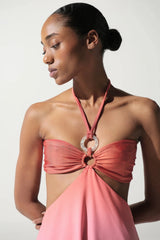 Yvon Maxi Dress by Baobab, a strapless halter gown with ring detail, open back, and side boning. Perfect for modern evening wear.