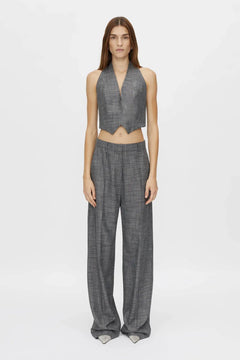 Zazu Pant by Camilla and Marc in charcoal marle, mid-rise wool blend with dropped crotch and bow-leg silhouette.