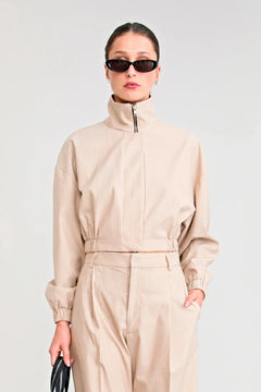 Zena Bomber Jacket Beige by Pfeiffer – pinstripe bomber jacket with funnel neck and concealed zip closure.