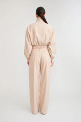 Zena Bomber Jacket Beige by Pfeiffer – pinstripe bomber jacket with funnel neck and concealed zip closure.