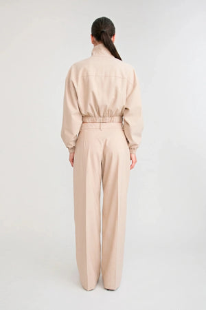 Zena Bomber Jacket Beige by Pfeiffer – pinstripe bomber jacket with funnel neck and concealed zip closure.