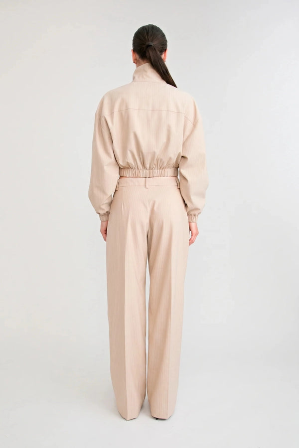 Zena Bomber Jacket Beige by Pfeiffer – pinstripe bomber jacket with funnel neck and concealed zip closure.