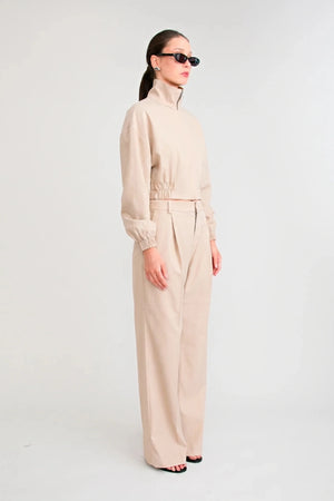 Zena Bomber Jacket Beige by Pfeiffer – pinstripe bomber jacket with funnel neck and concealed zip closure.