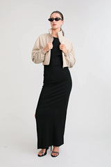 Zena Bomber Jacket Beige by Pfeiffer – pinstripe bomber jacket with funnel neck and concealed zip closure.