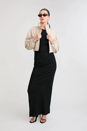 Zena Bomber Jacket Beige by Pfeiffer – pinstripe bomber jacket with funnel neck and concealed zip closure.