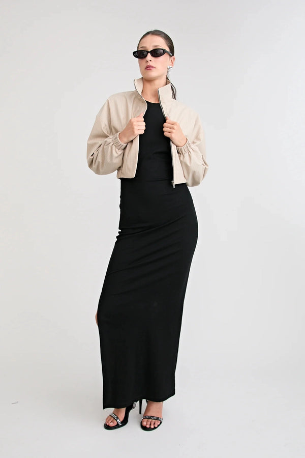 Zena Bomber Jacket Beige by Pfeiffer – pinstripe bomber jacket with funnel neck and concealed zip closure.