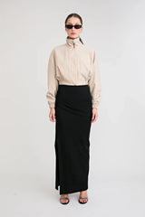 Zena Bomber Jacket Beige by Pfeiffer – pinstripe bomber jacket with funnel neck and concealed zip closure.