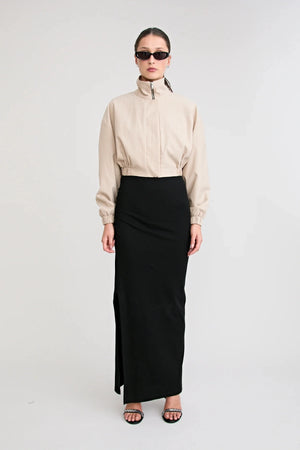 Zena Bomber Jacket Beige by Pfeiffer – pinstripe bomber jacket with funnel neck and concealed zip closure.