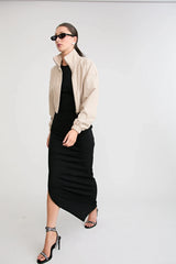 Zena Bomber Jacket Beige by Pfeiffer – pinstripe bomber jacket with funnel neck and concealed zip closure.