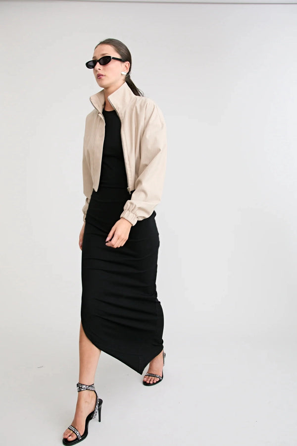 Zena Bomber Jacket Beige by Pfeiffer – pinstripe bomber jacket with funnel neck and concealed zip closure.