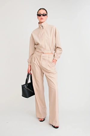 Zena Manstyle Pant Beige by Pfeiffer – wide leg pinstripe tailored trousers with relaxed menswear-inspired fit.