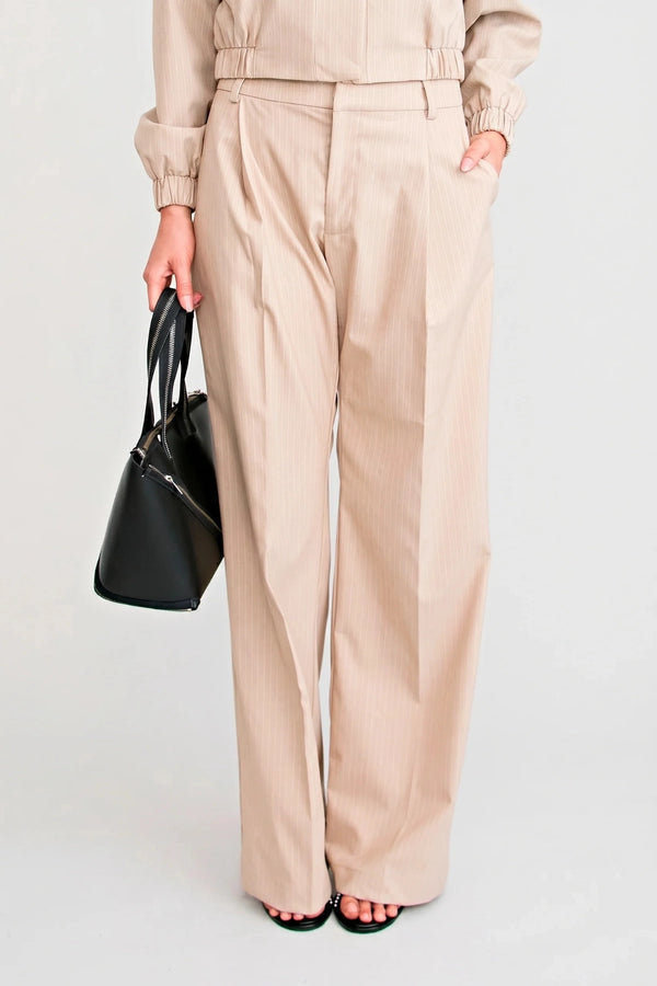 Zena Manstyle Pant Beige by Pfeiffer – wide leg pinstripe tailored trousers with relaxed menswear-inspired fit.4