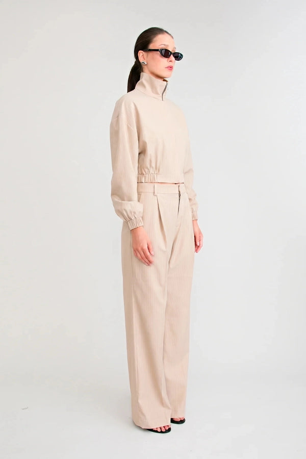 Zena Manstyle Pant Beige by Pfeiffer – wide leg pinstripe tailored trousers with relaxed menswear-inspired fit.