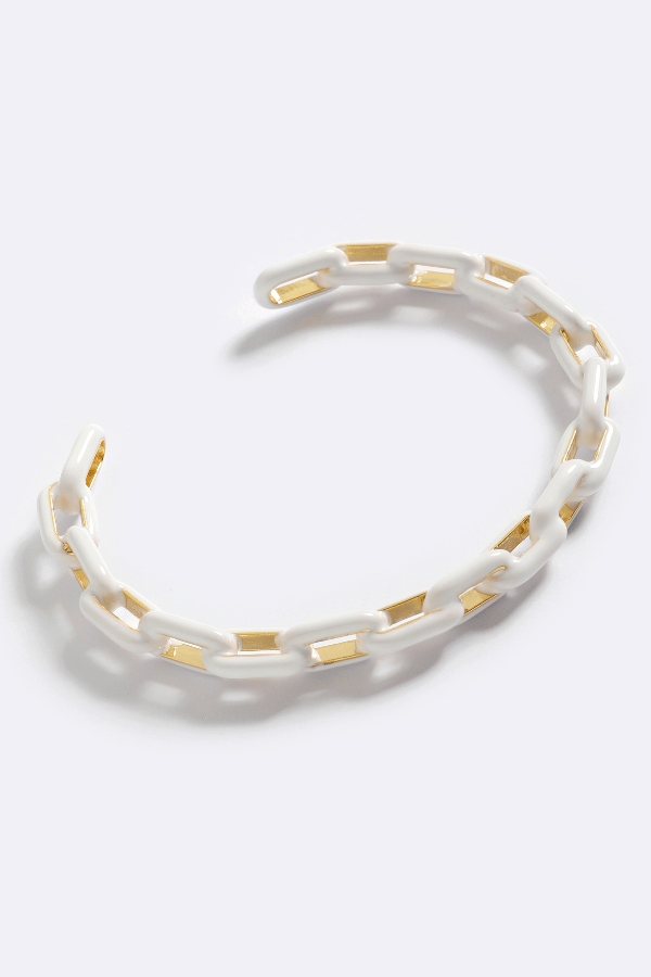 Zip Me Up Cuff White Glo by Emma Pills, gold plated cuff with enamel zip design. Perfect for statement styling or standout looks.