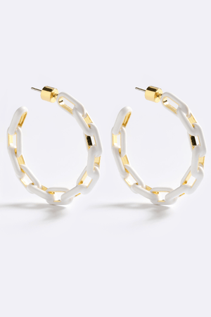 Zip Me Up Hoops White Glo by Emma Pills - silver plated hoop earrings with zip link design and white enamel, perfect for bold styling.